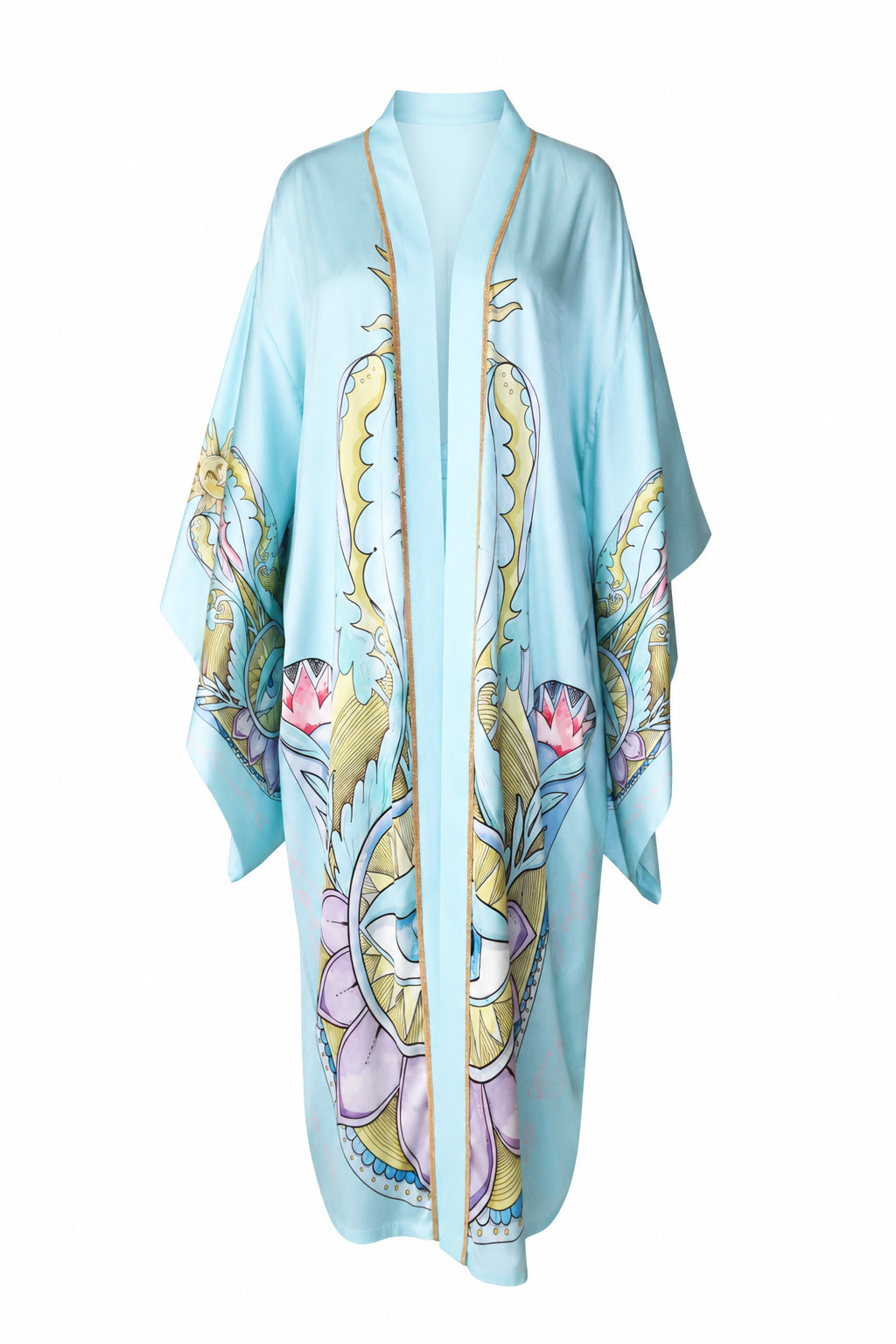 A light blue kaftan-style robe featuring a gold trim along the front opening and a large, colorful graphic print with yellow, pink, and purple elements, shown against a plain white background.