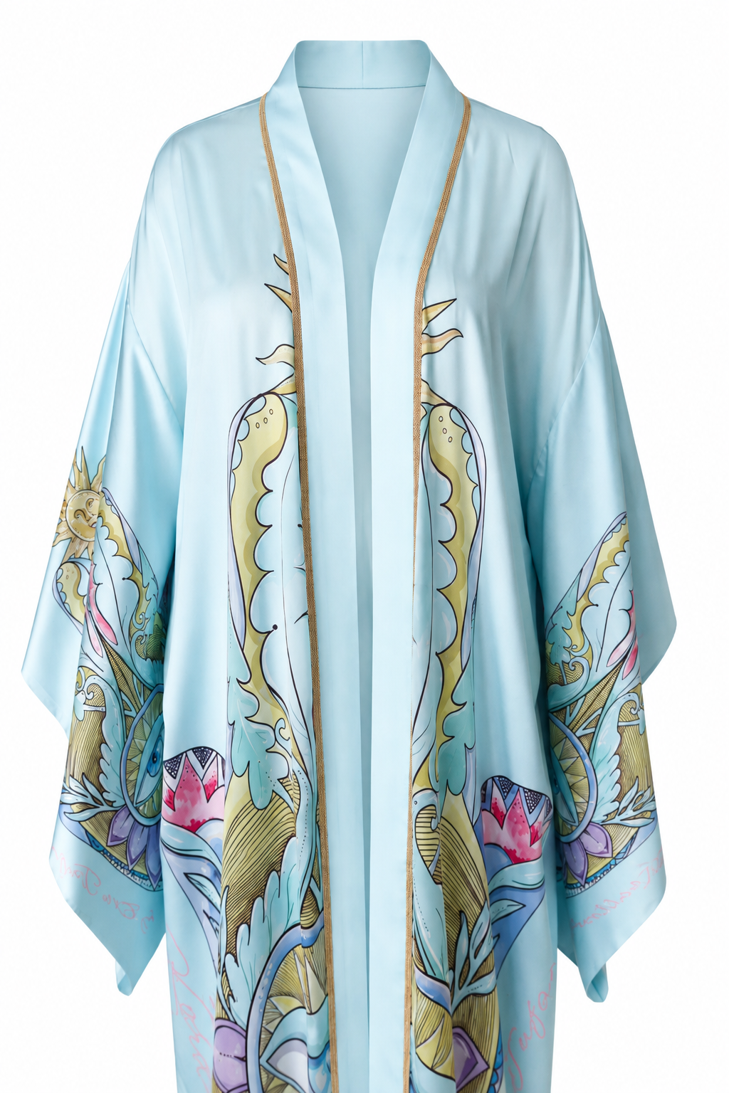 A light blue open-front kimono-style robe with gold trim and detailed dragon illustrations on the sleeves and front, shown against a plain white background.